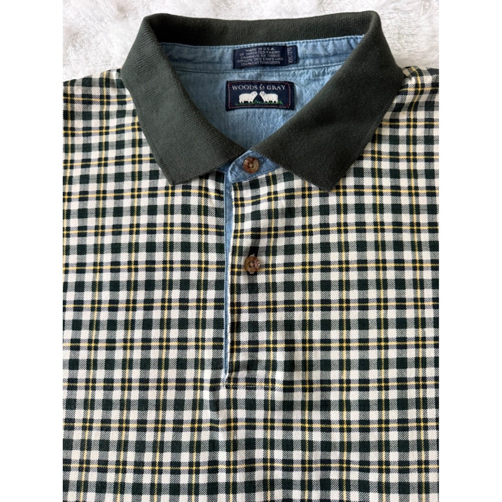 VTG Woods & Gray Men XXL Plaid Polo Green/White/Yellow 100% Cotton USA Made